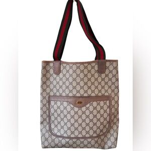 Gucci Vintage GG Supreme Canvas Tote Green Red Web Stripe Italy
